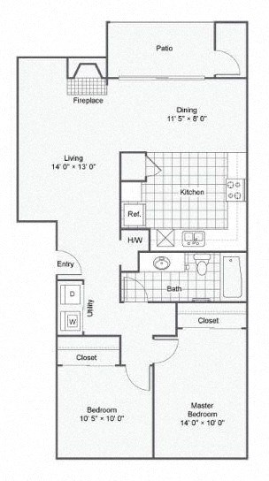 Floor plan for 2 beds, 1 bath, 865 sqft